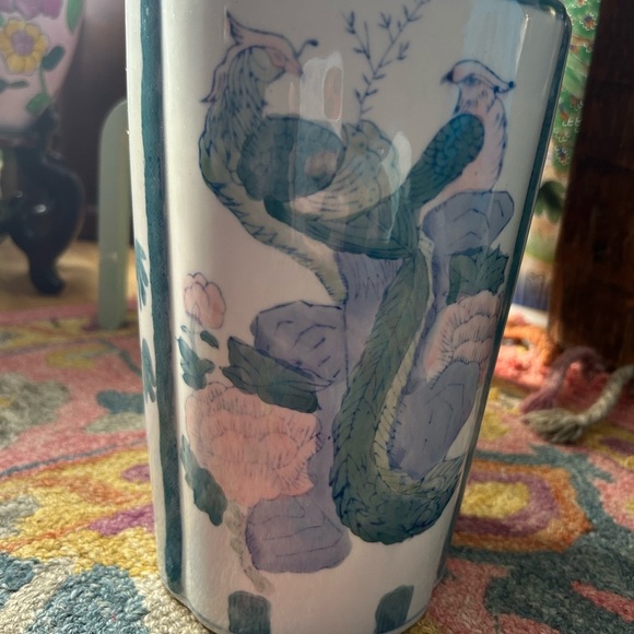 Vintage Asian Vase Decorative Ceramic Oriental Pot Peacock and Poppy Pattern 14" - Picture 3 of 16